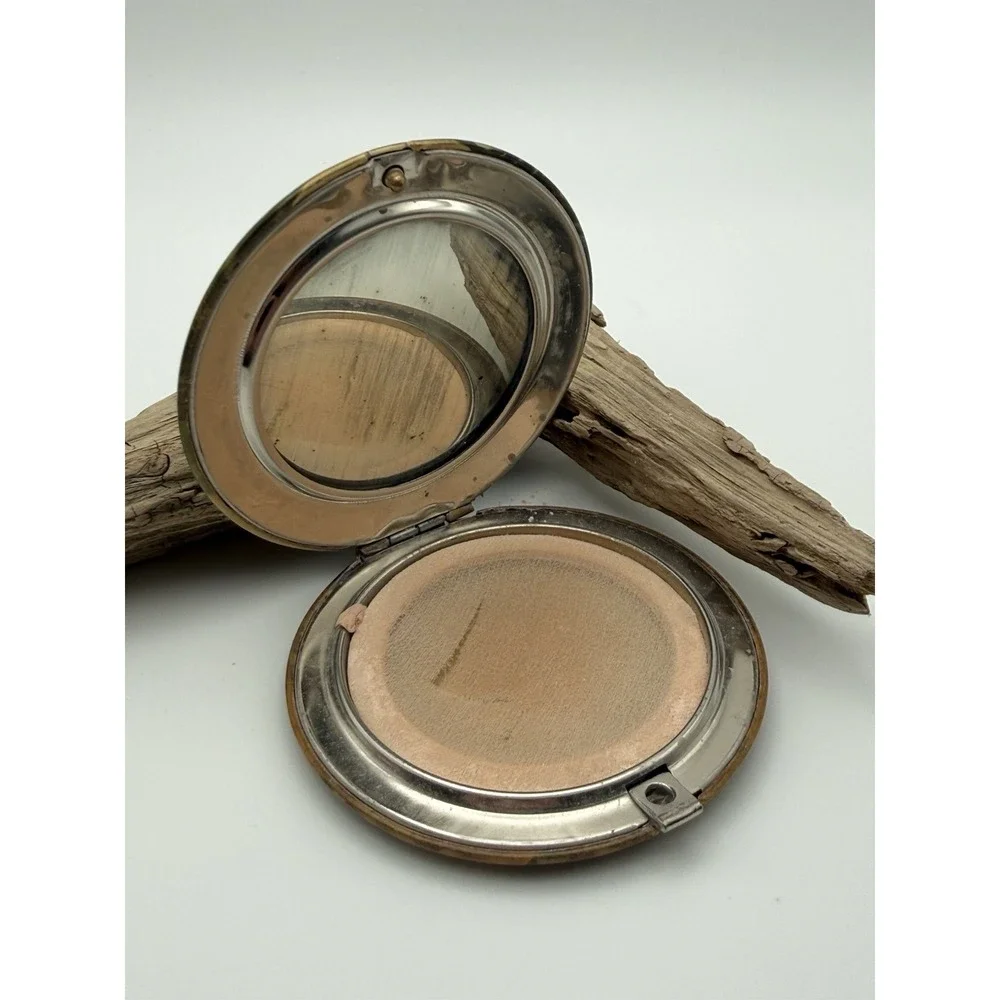 Wonderful antique powder compact with mirror, pink ostrich puff victorian